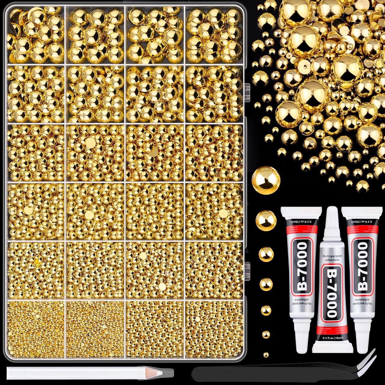 11,000-Piece Gold Flatback Pearls – Assorted Sizes 2-10mm with 3x10ml B7000 Jewelry Glue for DIY Crafts, Clothing, Tumblers, Shoes, Nail Art & Embellishments